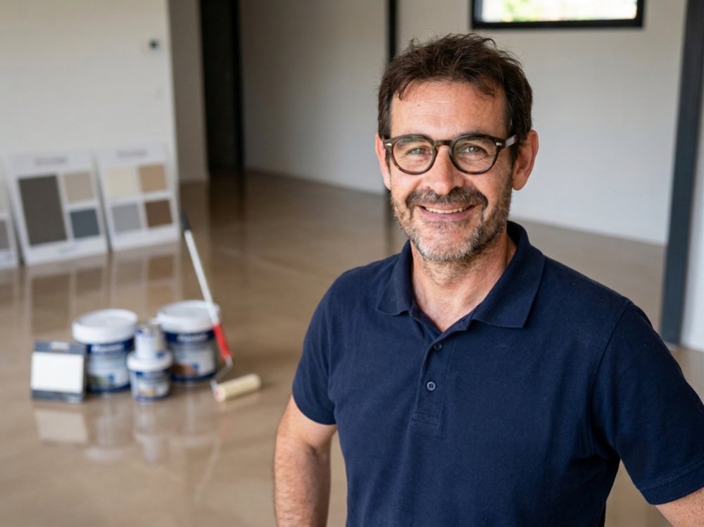 Aurélien Gauvrit, artisan peintre-solier au Gua, sur chantier avec nuancier et matériel de peinture