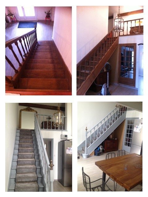 Escalier bois avant et après — passage d'un chêne foncé traditionnel à un gris clair moderne avec tapis de marche